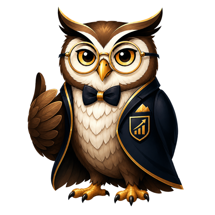 Wiser the owl in a navy cape with gold-rimmed glasses
